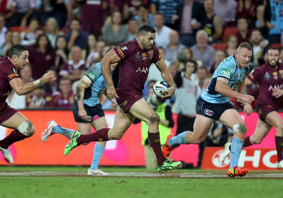 Greg Inglis takes off during State of Origin Rugby League, 100th match GAME 1 - NSW V QLD, at Suncorp Stadium Brisabane, Wednesday 28th May 2014. Digital Image Grant Trouville © nrlphotos.com