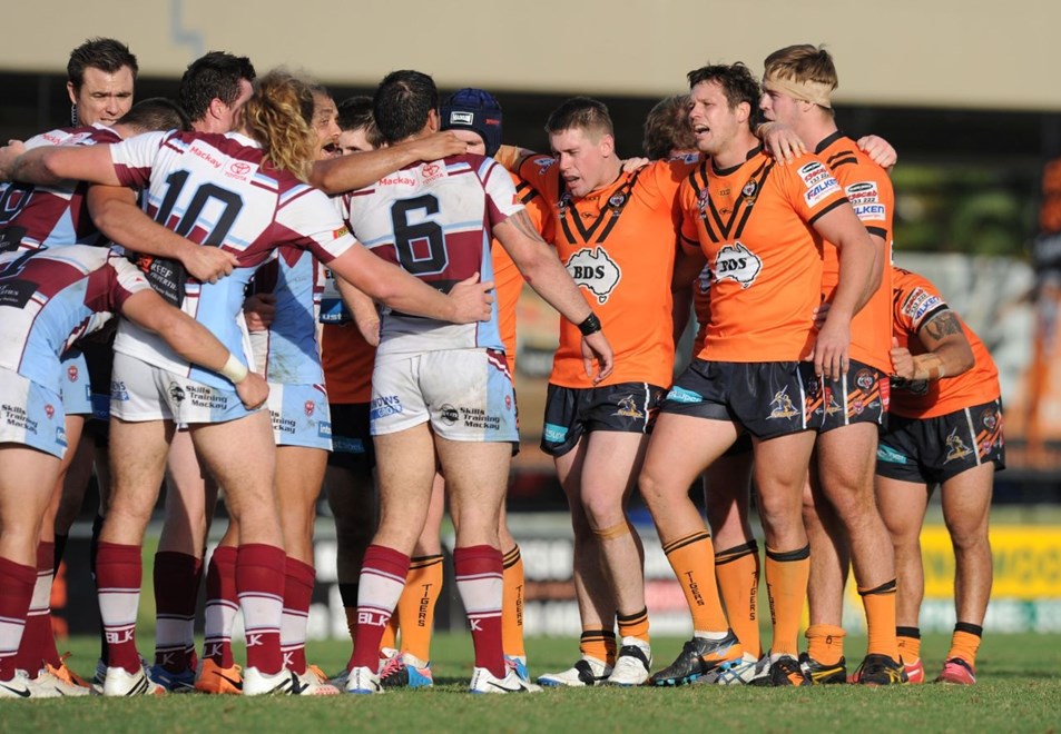 Cutters & Tigers scrum - Intrust Super Cup Round 14 - Easts Tigers V Mackay Cutters at Langlands Park, Coorparoo. 2.00pm Sunday June 1, 2014.  PHOTO: Scott Davis - SMP IMAGES 