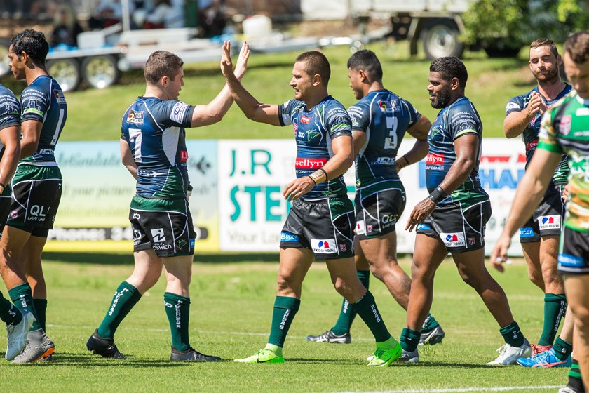 Marmin Barba celebrates his return to the Ipswich Jets with a try. Photo: QRL Media / Richard Walker