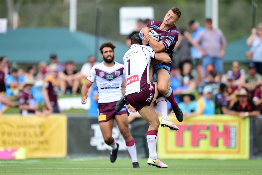 Zeik Foster comes down with the ball for the Capras. Photo: QRL Media / NRL Photos